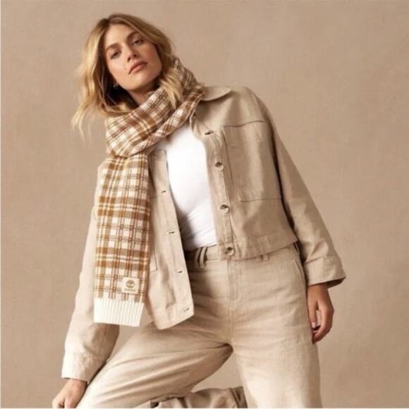 NWT Timberland Buffalo Plaid Rectangle Scarf Tan & White Streetwear Fall Outdoor - Picture 2 of 9